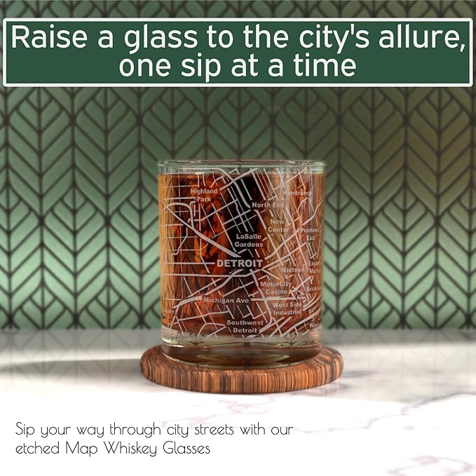 Greenline Goods Whiskey Glasses - 10 Oz Tumbler Set for Detroit, Michigan lovers, Etched with Detroit Map Old Fashioned Rocks Glass - Set of 2