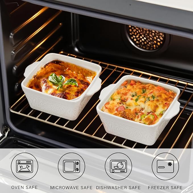 6 Pack 13 OZ Ceramic Baking Dishes, 4.5" Mini Square Bakeware Set, Small Baking Pan with Handle, Individual Casserole Dish for Oven, Roasting, Lasagna, Pie, Gratin, Microwave Safe, White