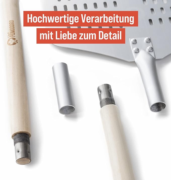 Chef Pomodoro Perforated Pizza Peel Aluminum, 12 x 14-Inch, with Detachable Wood 49-Inch Long Extendable Handle for Easy Storage, Gourmet Luxury Pizza Paddle for Baking Homemade Pizza Bread