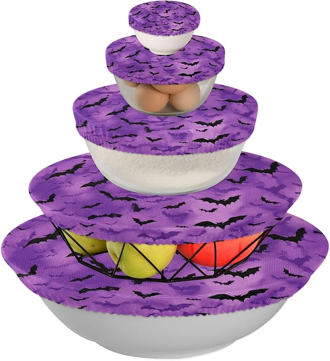 5 Pcs Bowl Covers Reusable in 5 Size Elastic Food Cover Cloth Lids Fresh Keeping Dish Cookware Bakeware Fabric Covers Lids for Food Leftovers Fruits Storage Puprle Bats