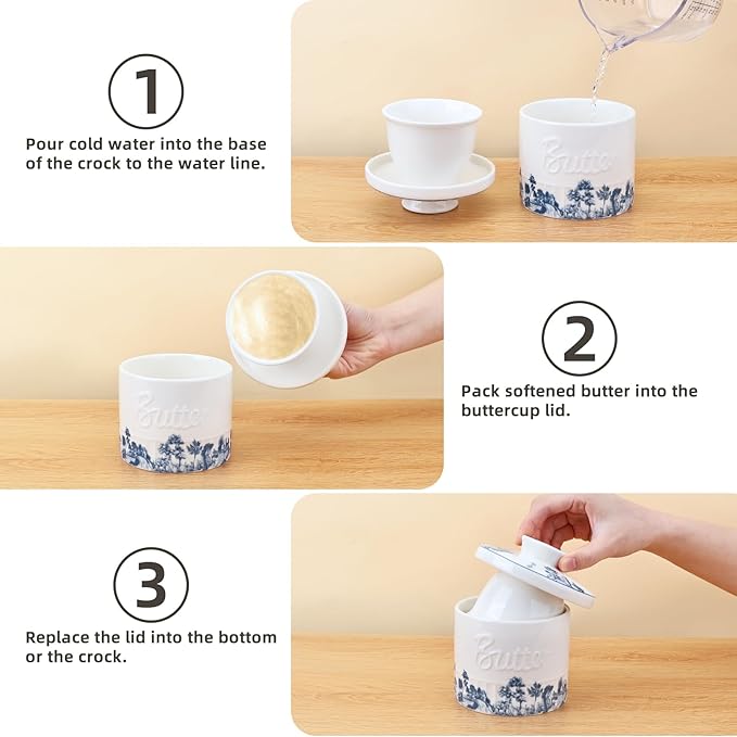 Butter Crock with Water Line, Ceramic Butter French Keeper Dish with Lid for Fresh Spreadable Butter (Forest Blue)