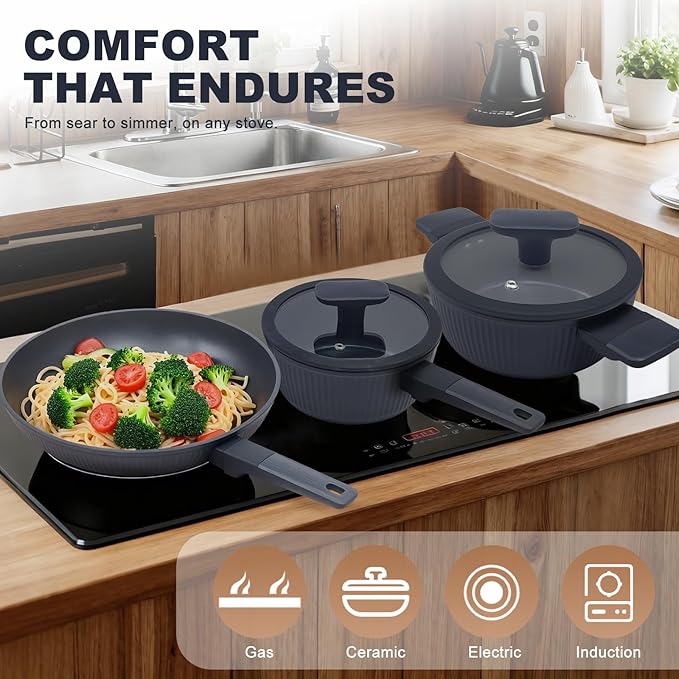 Nonstick Cookware Set, Ceramic Pots and Pans Set Non Toxic, 5-Piece Induction Ready Frying Pan & Saucepan with Lid, 3mm Aluminum Even Heating, Dishwasher Safe