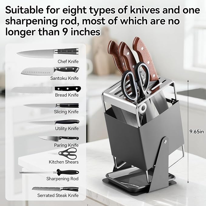 Universal Knife Block Holder - Stainless Steel Knife Holder without Knives for Kitchen Countertop Kitchen, Knife Organizer Holds 8 Knives and 1 Sharpening Steel (Grey)