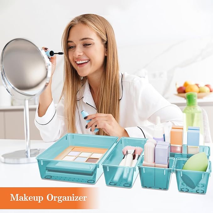 25 PCS Plastic Drawer Organizer Set, 4-Size Versatile Organizer Trays & storage Bins for Makeup, Jewelry, and Gadgets in Bathroom, Bedroom and Office, Sea Blue