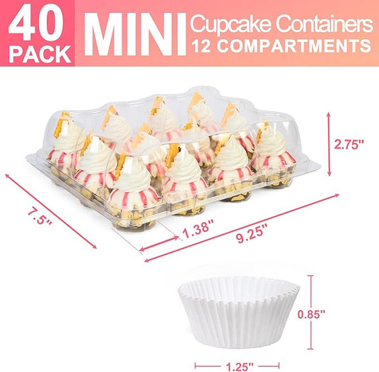 LotFancy Mini Cupcake Containers, 12 Count, 40 Pack, Clear Plastic Cupcake Holder with 480 Mini Cupcake Liners, Dozen Disposable Cup Cake Carriers with Detachable Lid