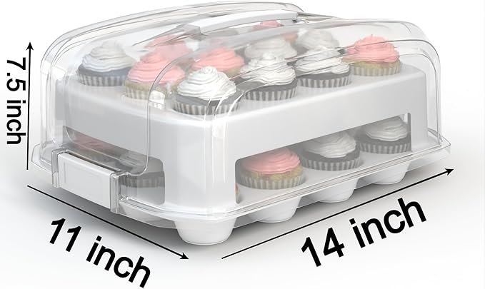 Cupcake Carrier, EXTRA LARGE LID, White Cupcake Holder Carries 24 Standard-Size Cupcakes, Muffin Traveler Two Tier Stand Reusable Cupcake Box