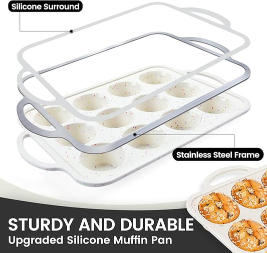 1Pack Silicone Muffin Pan for Baking with Metal Reinforced Frame, 12 Cup Regular Size Cupcake Pan, BPA Free Silicone Muffin Tray, Cupcake Baking Pan Molds for Oven Dishwasher Safe - Cream