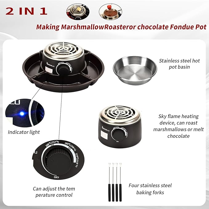 BADALU 2 in 1 Electric S'mores Maker & Fondue Pot, Temperature Control Tabletop Indoor S'mores Maker Kit with 4 Roasting Forks Housewarming Christmas Gifts,Family Gifts