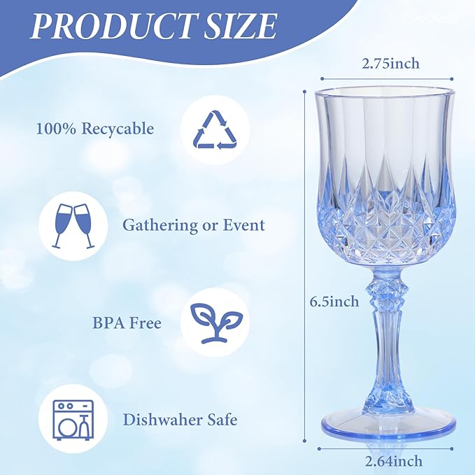 Blue Plastic Wine Glasses Set of 12 – 7oz Unbreakable Vintage Drinking Glasses for Parties Reusable & Dishwasher-Safe for Weddings, Bars, and Every Celebration