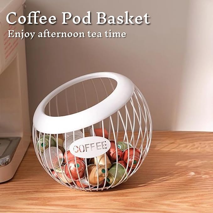 Metal Coffee Pod Holder Wire Coffee Pods Storage Basket Espresso Capsule Storage for Home Kitchen Cafe Hotel (White spherical)