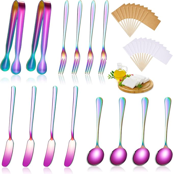 Patelai Cheese Butter Spreader Knives Set Charcuterie Accessories Stainless Steel Spreader Knives Charcuterie Boards Utensils Mini Serving Tongs Spoons and Forks for Appetizers Pastry(Rainbow Color)