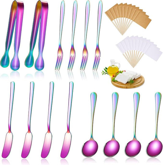 Patelai Cheese Butter Spreader Knives Set Charcuterie Accessories Stainless Steel Spreader Knives Charcuterie Boards Utensils Mini Serving Tongs Spoons and Forks for Appetizers Pastry(Rainbow Color)