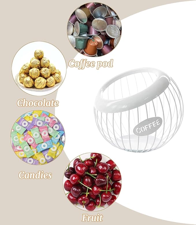 Metal Coffee Pod Holder Wire Coffee Pods Storage Basket Espresso Capsule Storage for Home Kitchen Cafe Hotel (White spherical)