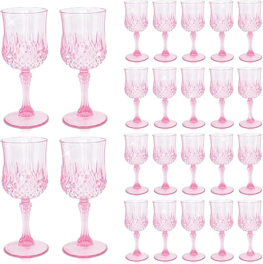 24 PCS Plastic Pink Wine Glasses Goblets Pink Vintage Wine Glasses, Reusable Drinkware Vintage Champagne, Plastic Goblets for Parties for Wedding Reception Grand Event Party, 7oz