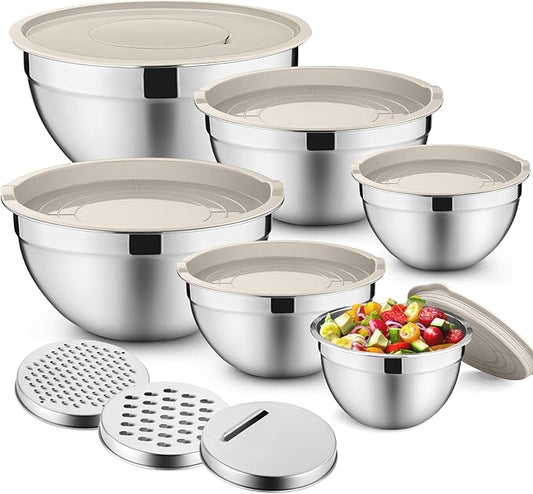 P&P CHEF Mixing Bowls with Lids Set of 6, Stainless Steel Nesting Salad Bowl & 3 Grater Attachments for Prepping Storing, 4.6/2.6/2/1.5/1/0.7 QT, Khaki