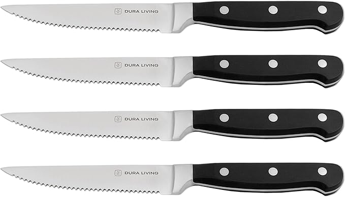 Premium 4-Piece Steak Knife Set – Sharp Serrated Blades, Forged High Carbon Stainless Steel, Full Tang, Ergonomic Handle, Black – Perfect for Dining