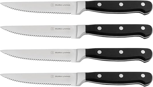 Premium 4-Piece Steak Knife Set – Sharp Serrated Blades, Forged High Carbon Stainless Steel, Full Tang, Ergonomic Handle, Black – Perfect for Dining