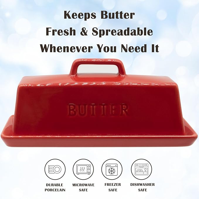 Ceramic Butter Dish With Lid for Countertop, Covered Butter Container, Large Butter Holder With Lid, Butter Tray With Handle Red