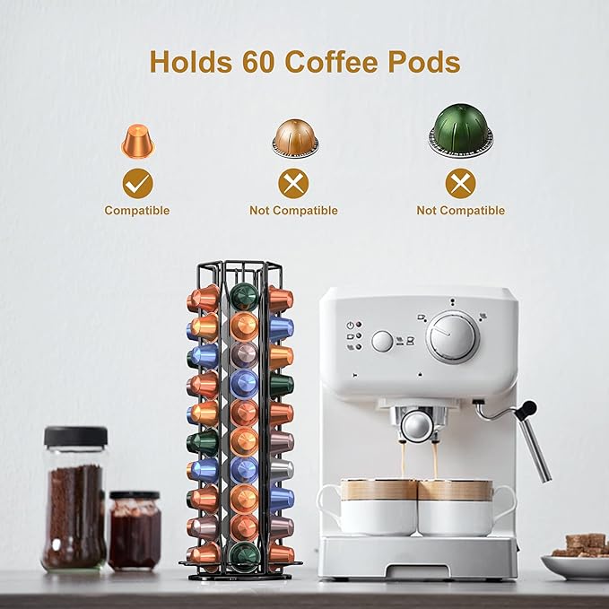 Coffee Pod Holder for Nespresso OriginalLine, Coffee Pod Storage Organizer 360 Degree Rotatable Capsules Carousel for Nespresso, for Home Bar Countertop (60 pods)
