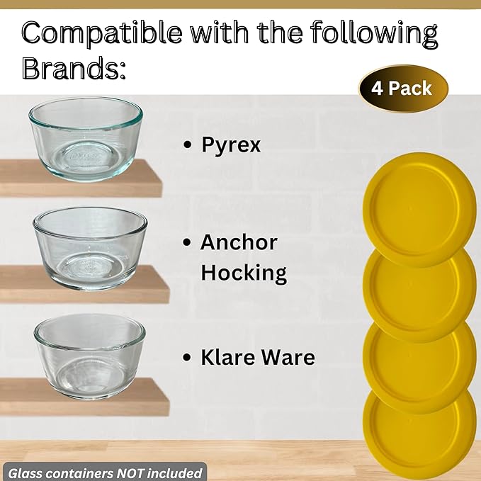 4 Cup/950 mL Yellow Replacement Lids/Covers for Pyrex 7201-PC, 4 Cup/32oz Anchor Hocking & Klare Ware Storage Bowls *Lids Only* - *Glass Container Not Included* (4 Pack, Yellow)
