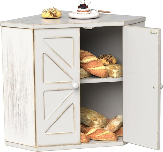 Corner Bread Box for Kitchen Countertop, Storage Container for Homemade Bread, Double Layer BreadBox, Large Capacity Bread Storage Bin, Vintage Farmhouse Breadbox Organizer,Antique White