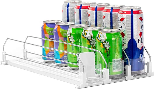 Rula Drink Organizer for Fridge, Width Adjustable Water Bottle Pusher Glide, Self-Pushing Soda Can Dispenser for Refrigerator - Holds up to 15 Cans (15"D, 3 Rows)