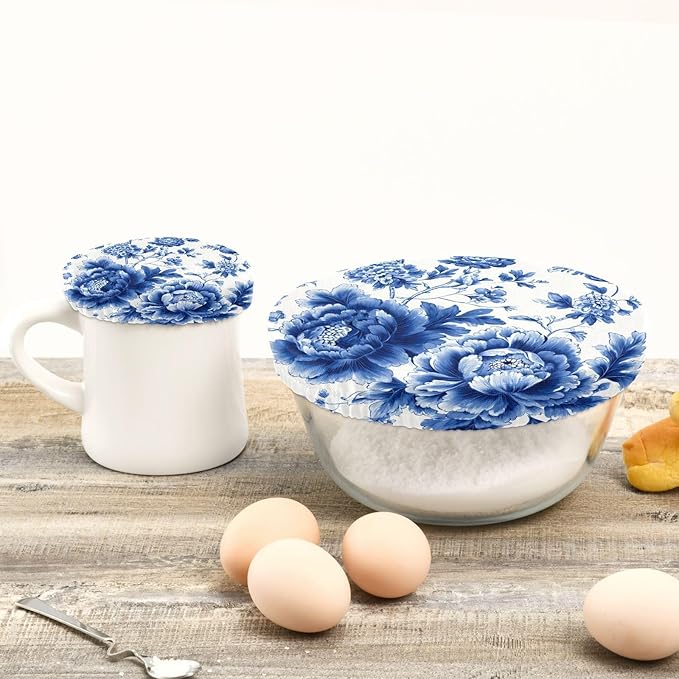 5 Pcs Bowl Covers Reusable in 5 Size Elastic Food Cover Cloth Lids Fresh Keeping Dish Cookware Bakeware Fabric Covers Lids for Food Leftovers Fruits Storage Blue and White Peony Flowers But