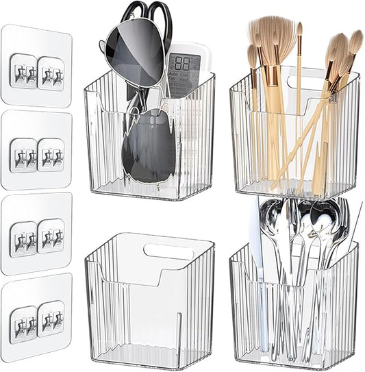 4 Pack Wall Organizers and Storage - Clear Acrylic Cabinet Door Organizer Bins, Adhesive Remote Control Holder, Space-Saving Stackable Wall Storage for Bathroom, Kitchen, Pantry, RV, Dorm, Office