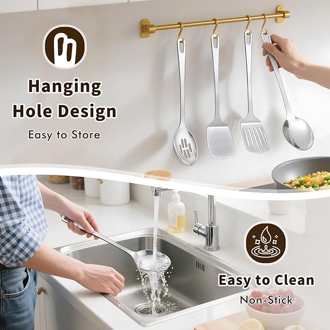 2 Pcs Spoons Cooking Utensils Set, Stainless Steel Kitchen Utensils, Heat Resistant Metal Kitchen Tools Include Solid & Slotted Serving Spoon, Ergonomic Handle, Dishwasher Safe, Easy to Clean, Silver