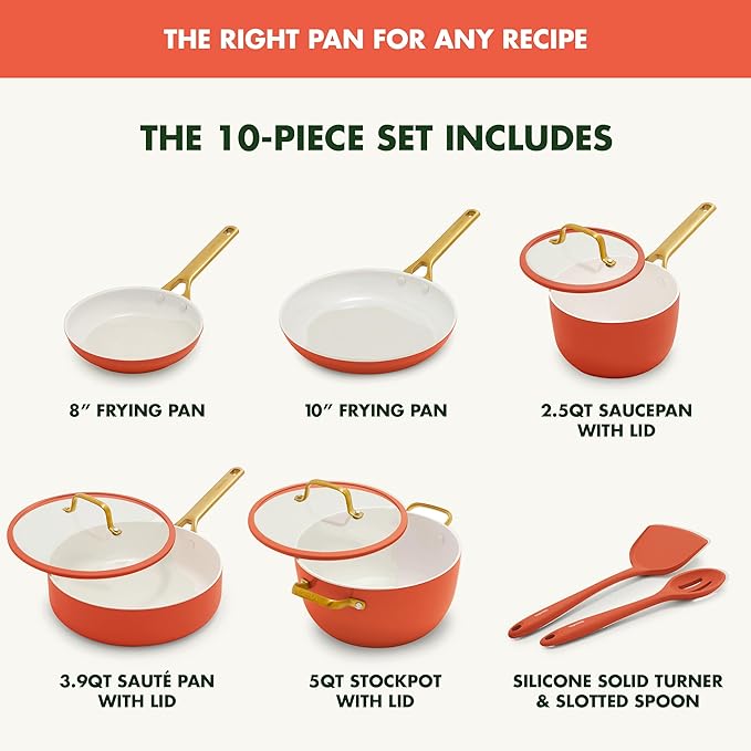 GreenPan Nonstick Reserve Pro 10 Piece Cookware Set, NSF Certified Ceramic, Hard Anodized PFAS-Free Pots & Pans Set with Lids, Stainless Steel Handles, Oven & Dishwasher Safe, Harvest Orange