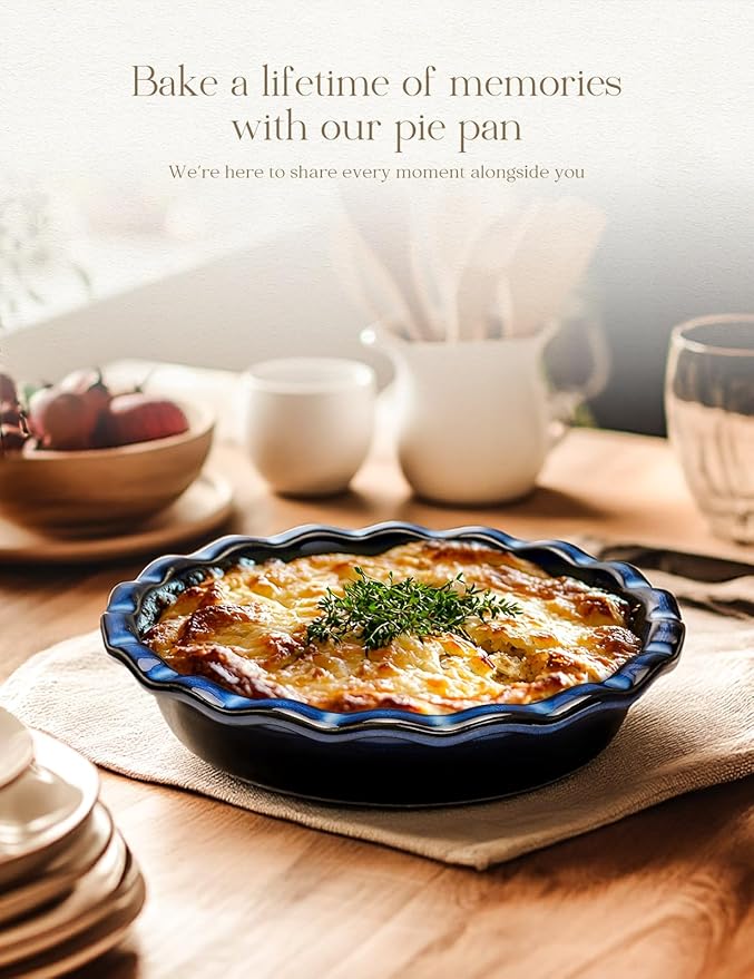 AISBUGUR Pie Pan for Baking 9 Inch Ceramic Pie Dish Quiche Baking Dish Non-Stick Dishwasher & Oven Safe (Reactive Glaze Blue)