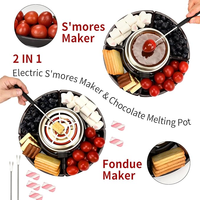 BADALU 2 in 1 Electric S'mores Maker & Fondue Pot, Temperature Control Tabletop Indoor S'mores Maker Kit with 4 Roasting Forks Housewarming Christmas Gifts,Family Gifts