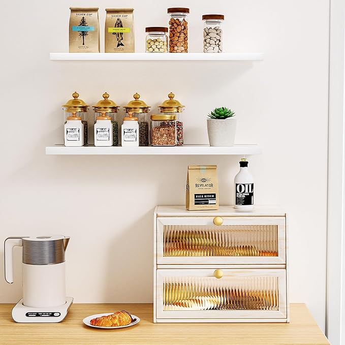 Vintage Double Layer Bread Box for Kitchen Countertop，Large White Bread Boxes Wooden Breadbox Bread Storage Container Bin Bread Holder(Vintage White)