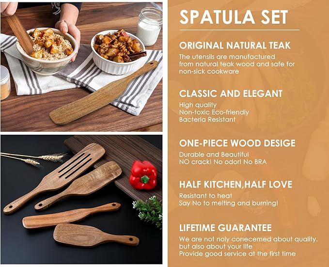 Wooden Spurtle Kit 5 Pieces Teak Wood Spoons Kitchen Tools for Nonstick Cookware, Salad Strainer and Making Cake