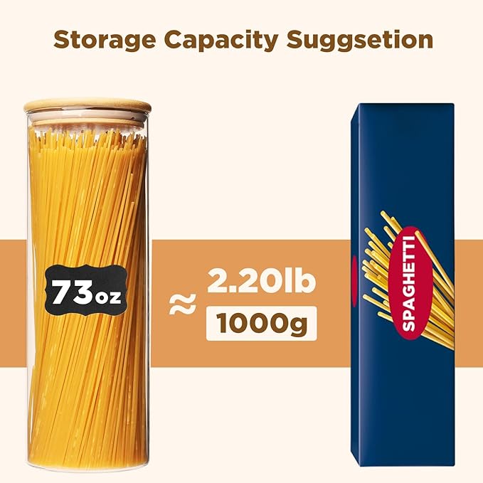 73oz Glass Pasta Storage Jars, Tall Glass Jars with Bamboo Lids, Spaghetti Container, Set of 3, Kitchen Storage Containers for Pasta, Pantry Organizers