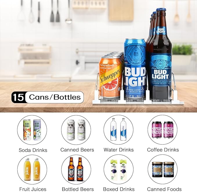 Soda Can Dispenser for Refrigerator, 3 Row Self-Pushing Rack, Fits up to 15 Cans, Width Adjustable Beverage Storage Rack, 15inch White