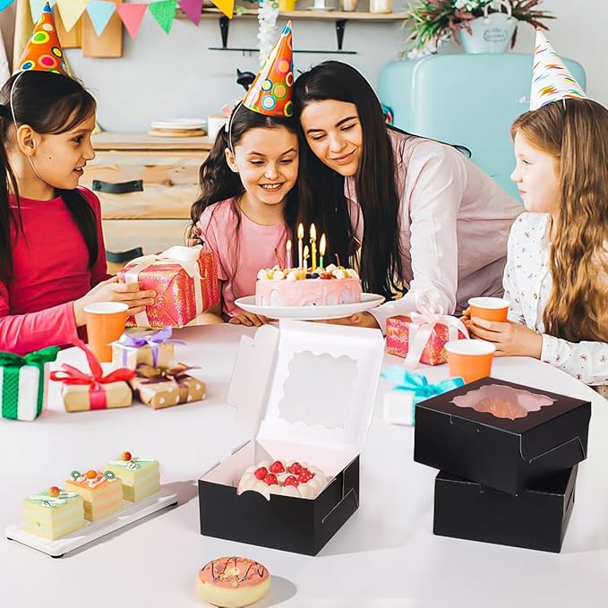6x6x3 Inches Small Cake Box with Window, Bakery Box, Pastry Boxes, Cookie Boxes, Mini Pie Box for Pastry,Dessert,Strawberries,Chocolates, Cupcakes with paper stickers (Black/36pcs)