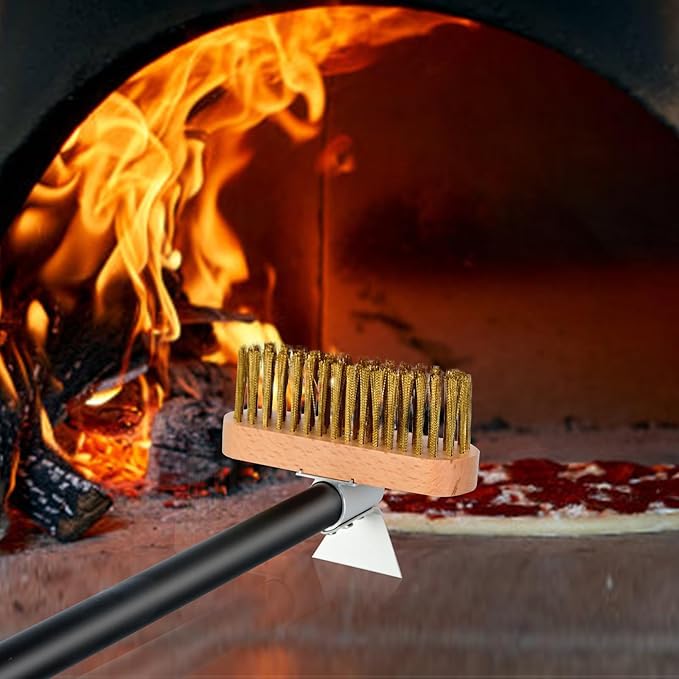 Pizza Oven Brush with Scraper, Brass Bristles Grill Brush with 33 or 47 Inch Long Handle, Pizza Oven Accessories