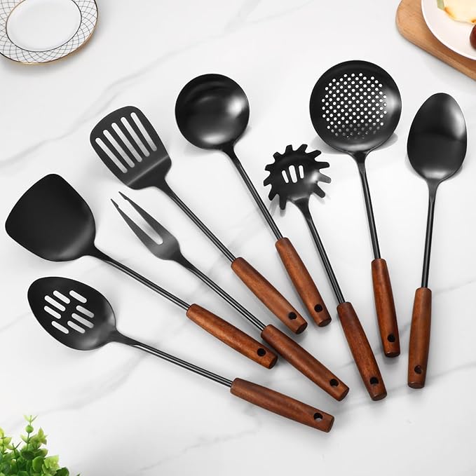 304 Stainless Steel Kitchen Utensils Set, 8 Pcs Long Cooking Utensils Set with Wooden Handle, Large Heat Resistant Kitchen Tools(Black, Dishwasher Safe)
