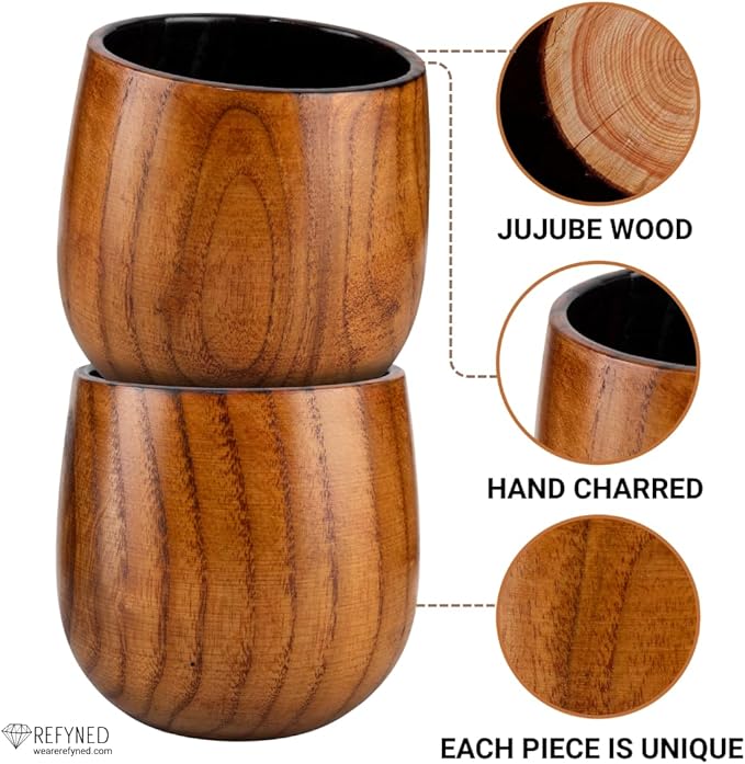 Whiskey Enhancing Charred Wooden Tumbler 2 Set, Chilling Stones & Cocktail eBook | Bourbon Drinking Glass Bourbon Gifts for Men | Wooden Old Fashioned Glass | Gifts for Men Who Have Everything