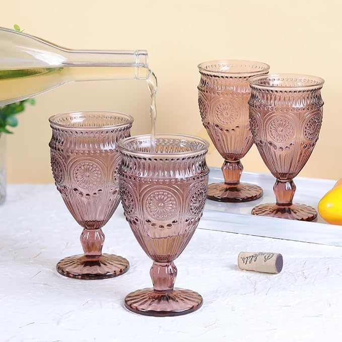 4Pcs Purple Wine Glasses, 12oz Glass Goblets, Vintage Drinking Glassware, Colored Glassware Set for Party, Home & Wedding