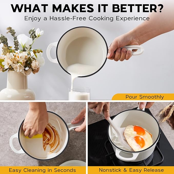 Onader 1QT Sauce Pan, Enameled Cast Iron Saucepan Dutch Oven Pot with Lid, Small Cooking Sauce Pot, Nonstick & Oven Safe – White