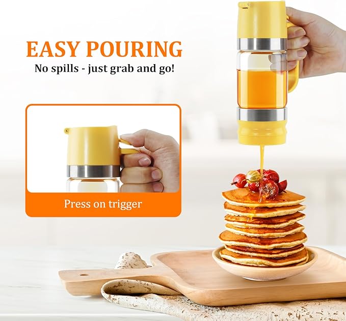 Aelga Glass Honey Dispenser Pot, No Drip 9 OZ Honey Jar with Handle, Syrup Dispenser for Coffee or Tea, Yellow