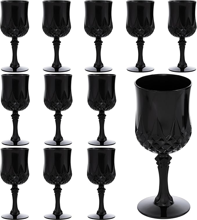 JLYLOL Plastic Vintage Wine Glasses 7OZ Plastic Goblets Vintage Drinking Glasses 12PCS Retro Wedding Glassware Water Goblets Reusable Drinking Cups for Party,Reception,Celebration,Bar,Whiskey(Black)