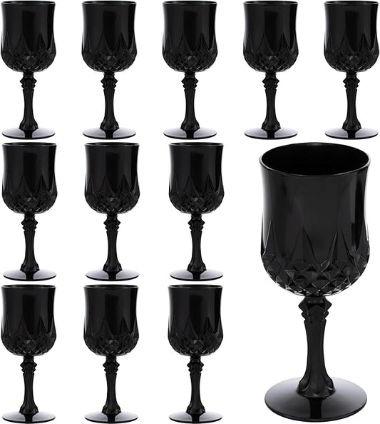 JLYLOL Plastic Vintage Wine Glasses 7OZ Plastic Goblets Vintage Drinking Glasses 12PCS Retro Wedding Glassware Water Goblets Reusable Drinking Cups for Party,Reception,Celebration,Bar,Whiskey(Black)