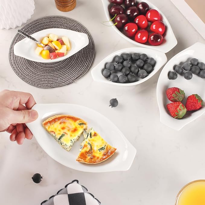 6" x 4" Ceramic Oval Small Au Gratin Baking Dishes 7 oz, Set of 4 Banana Split Bowls, Oven and Microwave Safe, for 1 person servings, Bakeware with Handle(8.3 IN) for Kitchen and Home