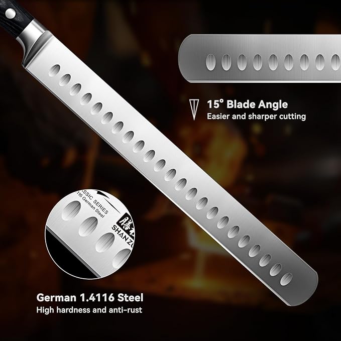 SHAN ZU 12" Brisket Slicing Knife - Carving Slicing Meat Knife Professional German 1.4116 Stainless Steel Razor Sharp Blade, Ergonomic Wood Handle & Full Tang Design, Gift Box Included