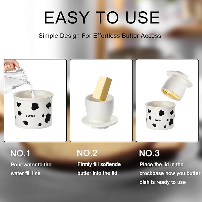 Cows Butter Crock - French Style Ceramic Butter Keeper and Butter Dish with Lid, Black and White Butter Holder for Countertop Storage, Airtight Container for Soft, Spreadable Butter