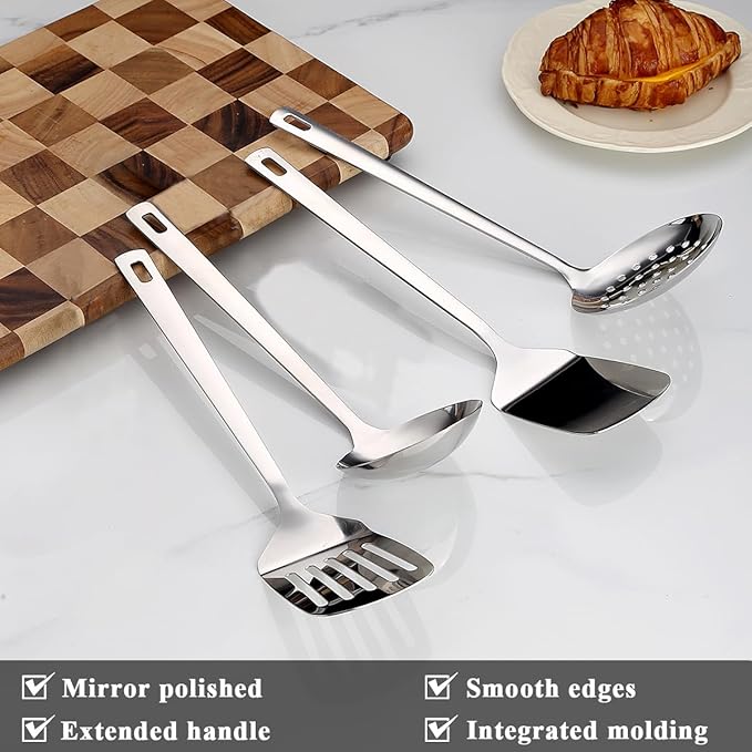 Stainless Steel Kitchen Utensils Set, 4-Piece – Slotted Turner, Solid Turner, Skimmer & Ladle – Rust-Resistant, Long Handle, Hanging Loop, Dishwasher Safe – Everyday Cooking & Serving