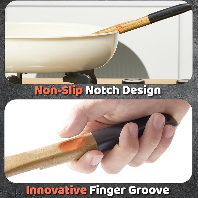 Wood Cooking Utensils Set, 5 PCS Wooden Spoons for Cooking Includes Stainless/Wood Kitchen Tongs, Non-Stick Wooden Utensil Set with Innovative Finger Groove & Non-Slip Notch Design, Black